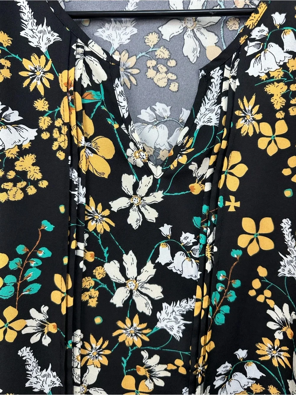 BloomChic Black Floral V-Neck Blouse with Yellow & White Flowers